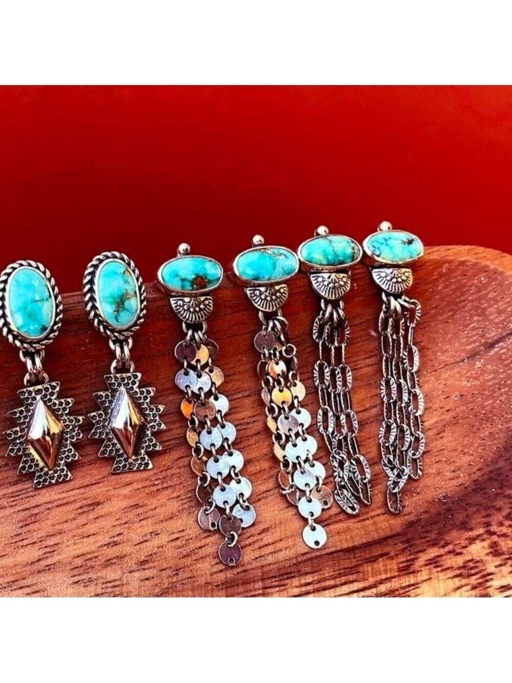 Turquoise and Silver Chain Earrings - Picture 3 of 5